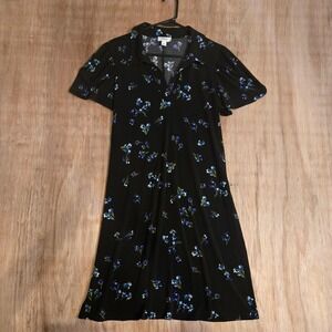CeCe Womens Black Blue Floral V-Neck Puff Sleeve Knit Dress Size Medium